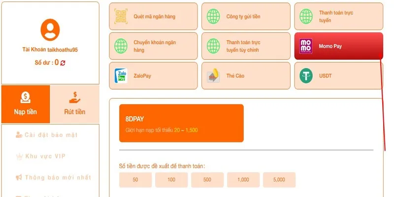 Nạp tiền tài khoản GK88 bằng ví điện tử Momo