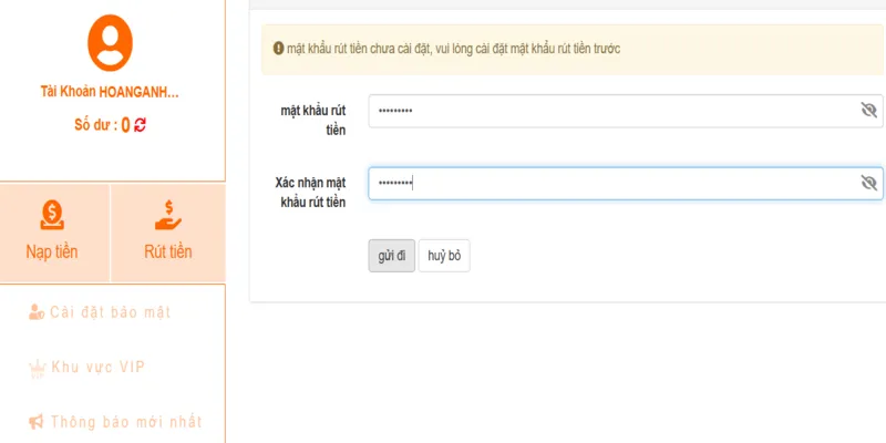 Đặt mật khẩu khi rút tiền tại GK88